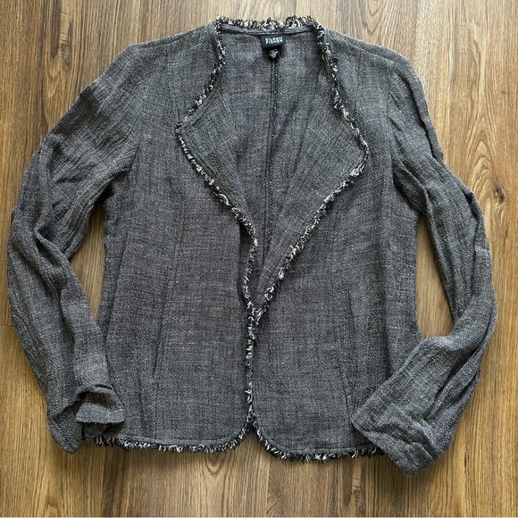 Eileen Fisher Jacket Blazer Womens PMedium Black Heather Linen Blend Raw Edges - Picture 1 of 9